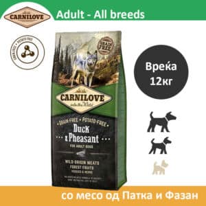 Carnilove Adult All breeds Сува храна за Возрасни кучиња со месо од Патка и Фазан [Вреќа 12кг]